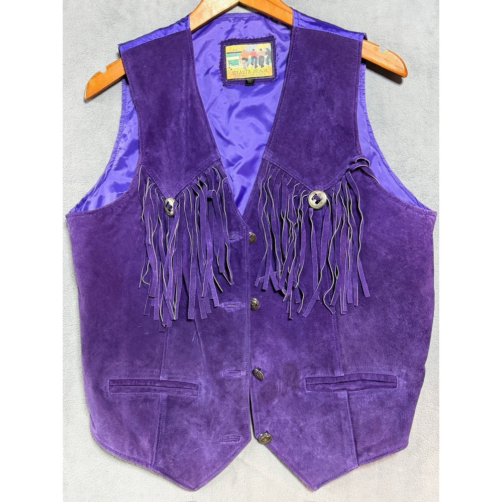 VTG Suede Leather Fringe Vest Womens L Purple Cropped Boho Hippie Western Open